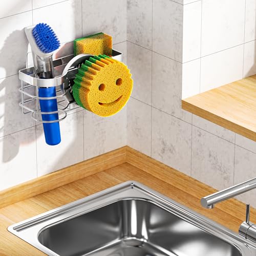 Cisily Smiley Sponge Holder for Kitchen Sink Caddy, Stainless Steel Movable Brush Holder Dish Cloth Hanger, Suction Cup Si...