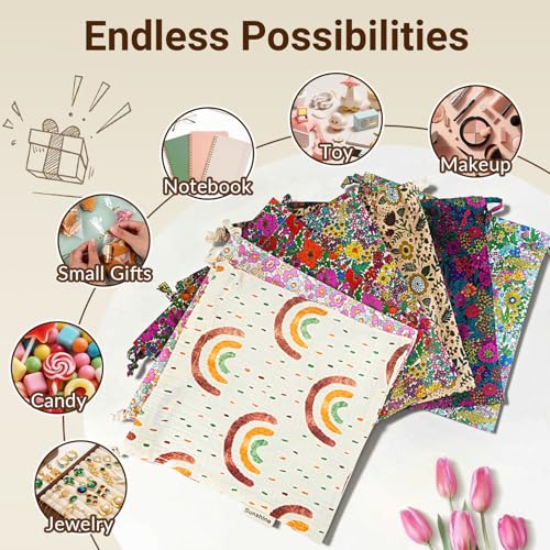 RoyYam 4-Pack Cotton Drawstring Gift Bags, 10.2" x 11" Floral Fabric Gift Pouches, Reusable Muslin Storage Sacks for Trave...