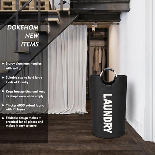 DOKEHOM 90L Large Laundry Basket, Collapsible Laundry Bag, Freestanding Tall Clothes Hamper, Foldable Washing Bin (Black)