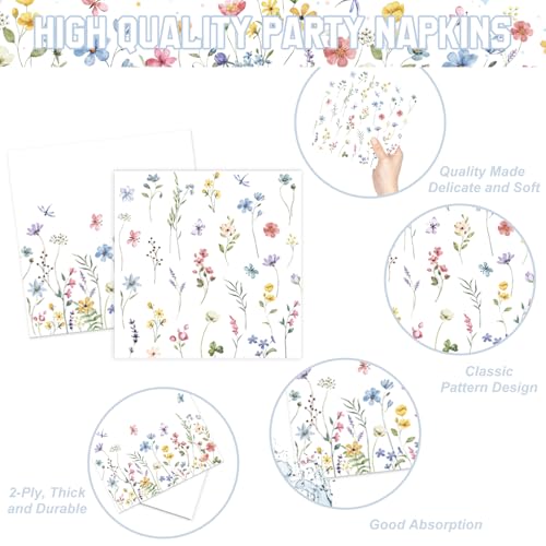 LINHAXM 175 PCS Spring Wildflower Party Decorations include Plates, Cups, Napkins, Cutlery, Cake Toppers, Banner, Tableclo...