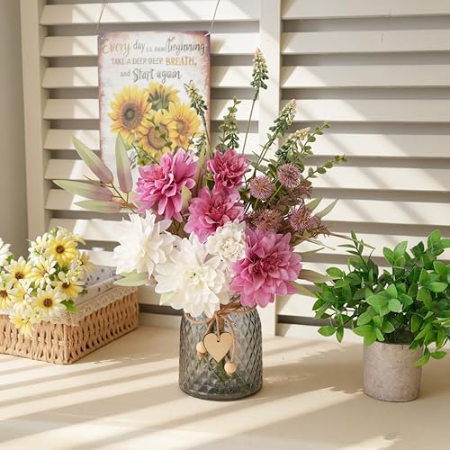 LUEUR Artificial Dahlia Flowers with Vase – Rose Red Faux Flower Arrangement, Romantic Floral Centerpiece Table Decoration...
