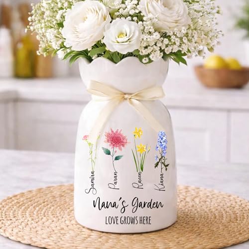 NAZENTI Personalized Birth Month Flower Vase - Grandma's Garden Decor, Mom Grandma Mother's Day Floral Vases with Kids Nam...