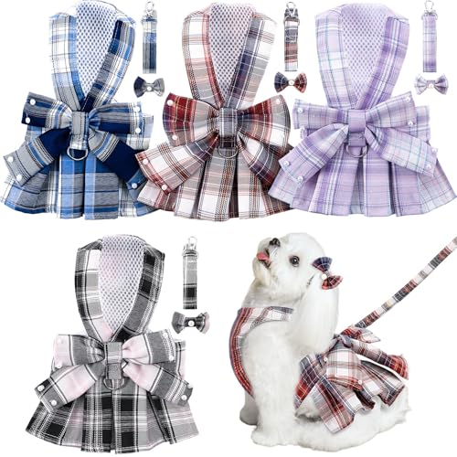 Yearntown 4 Pcs Plaid Dog Dress with Pearls Bow Tie Harness Leash Cute Puppy Dress for Small Dogs Puppy Clothes for Pet Ch...