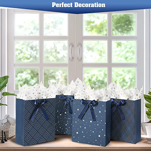 KomoLeay 4 Pack 9" Medium Size Gift Bags Assorted Premium Blue Gift Bags with Tissue Paper Use for Birthdays, Baby Shower,...