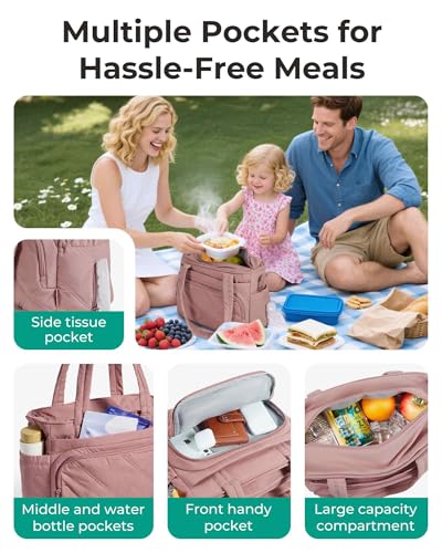 BAGSMART Lunch Bag Women Large Lunch Box Insulated Tote Bag with Multi-Pockets Quilted Puffy Tote for Work, Outdoors