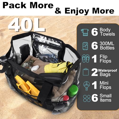CaCTOUR Mesh Beach Bag,Large Beach Bags for Women with 8 Pockets,Packable Tote Bag for Beach Cruise Pool Vacation Essentials