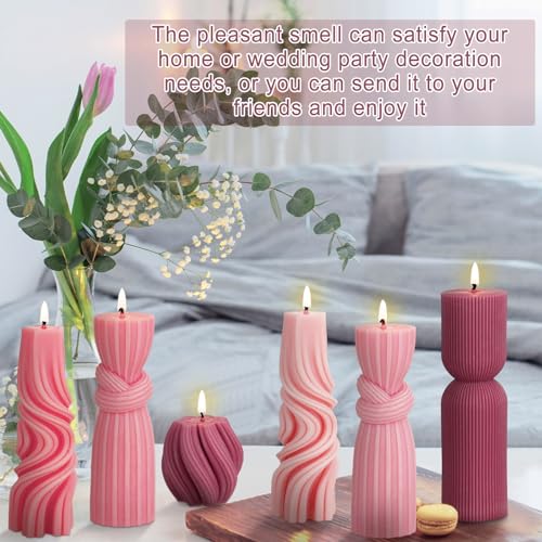 Threlaco 6 Pcs Pink Pillar Candles Decorative Modern Aesthetic Ribbed Candle Set Cute Soy Wax Scented Ribbed Decor Valenti...