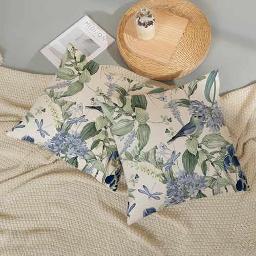 JEFERSO Chinoiserie Pillow Covers 18x18 Set of 2 Blue Green Floral Bird Pillow Cases Vintage Flower Seasonal Outdoor Throw...