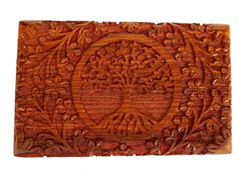 Ajuny Handcarved Wooden Decorative Treasure Chest Box 8 x 5 Inch Brown Tree Of Life Pattern - Multipurpose Use As Jewelry ...