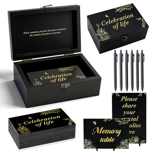 Celebration of Life Memory Box Set with 100Pcs Share a Memory Cards for Funeral and 6 Pens, 2 Wood Sign, Memorial Decorati...
