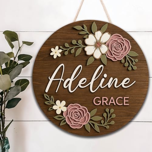 Floral Name Sign for Nursery Decor for Girls – Personalized Wooden Name Signs for Nursery with Flowers, Baby Girl's Custom...