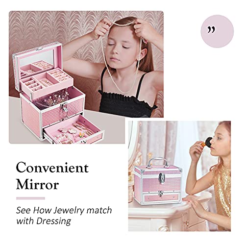 Hododou Girls Jewelry Box Organizer with Drawer & Mirror, Shiny Pink Style Lockable Storage Case for Kid or Little Girls J...