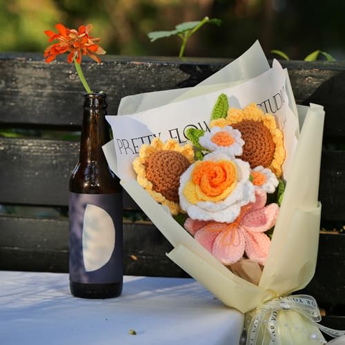 Crochet Flower Bouquet, Crochet Flowers Handmade Yellow Roses Sunflowers Bouquet, Romantic Gift for Her, Mother's Day, Wed...