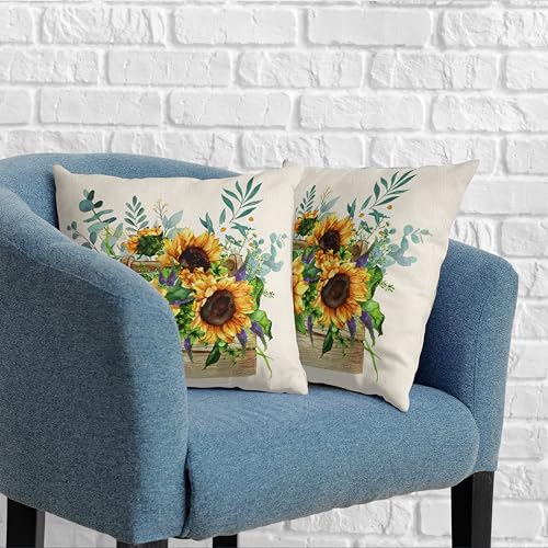 Kwlegh Sunflower Pillow Covers Spring Summer Floral Throw Pillow Covers Set of 2 Sunflowers with Eucalyptus Leaves Farmhou...