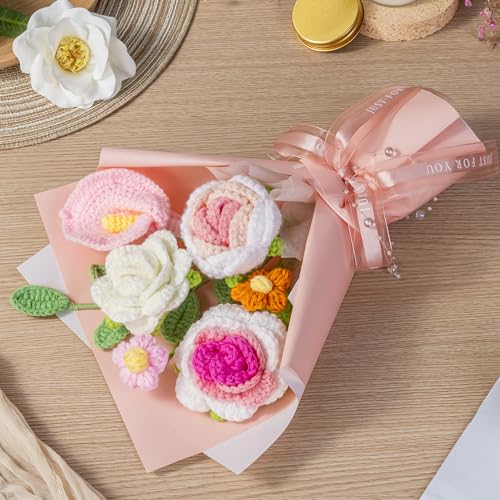 MengxFly Crochet Flower Bouquet Pink, Handmade Crochet Flowers Bouquet, Knitted Floral Gift for Her, Mothers Day Birthday ...