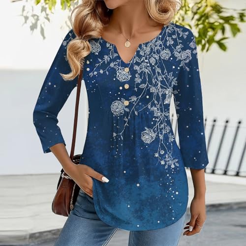 YABTF Womens Boho Floral Tunic Tops V Neck Button 3/4 Sleeve T Shirts for Women Casual Drssy Spring Summer Graphic Blouses
