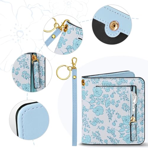 COSHAYSOO Personalized RFID Slim Bifold Wallet for Women Teen Girls with Wristlet Keychain, Blue Small Wallets Woman Cute ...