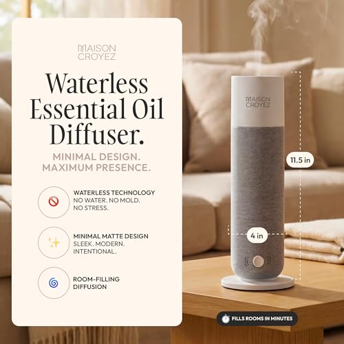 Maison Croyez Waterless Essential Oil Diffuser (120ml Bottle) – Nebulizing Aroma Diffuser, 3 Intensity Levels, 1/3/6H Time...