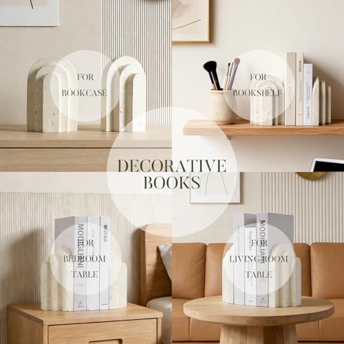 Havmorph Book Ends for Heavy Books, Beige Modern Pleasing Layered Arch Design Aesthetic Bookend Decorative, Concrete Book ...