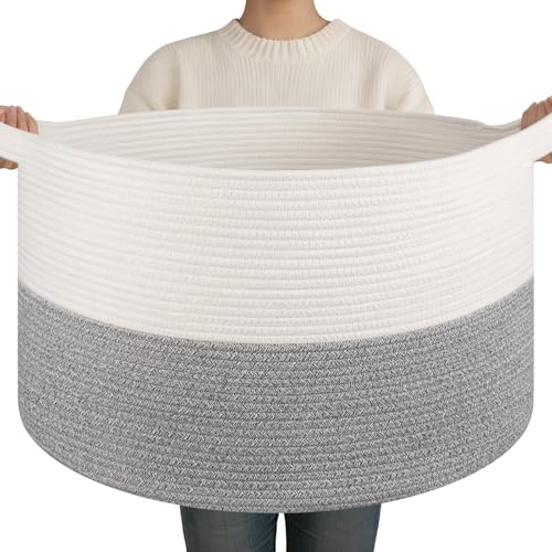 OIAHOMY 90L XXXLarge Blanket Basket for Living Room, 21.7" x 13.8" Woven Cotton Rope Laundry Basket for Organizing Pillow...