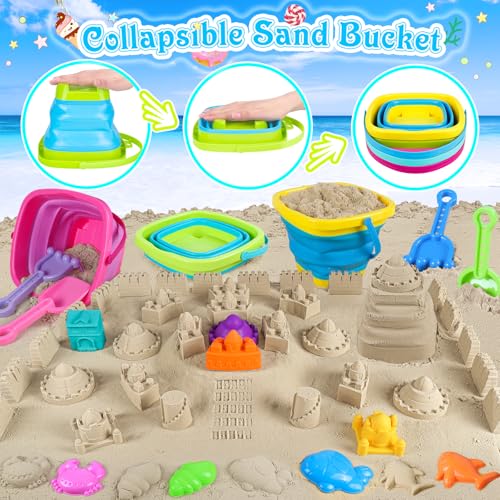 Collapsible Beach Toys for Kids Toddlers, 3 Foldable Buckets and Shovels Set, Sand Castle Building Kit, Ice Cream Travel S...