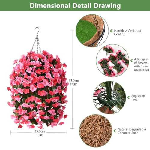 INQCMY Artificial Hanging Flowers Basket for Outdoors Spring Summer Decoration,Faux Silk Begonia in Planter Look Real UV R...