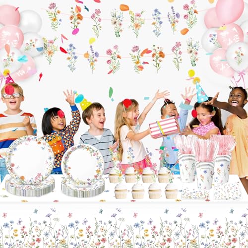 LINHAXM 175 PCS Spring Wildflower Party Decorations include Plates, Cups, Napkins, Cutlery, Cake Toppers, Banner, Tableclo...