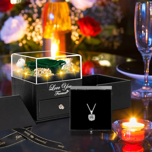 Lebana Preserved Blackish Green Real Rose with Heart I Love You Necklace -Eternal Flowers Rose Birthday Gifts for Women He...
