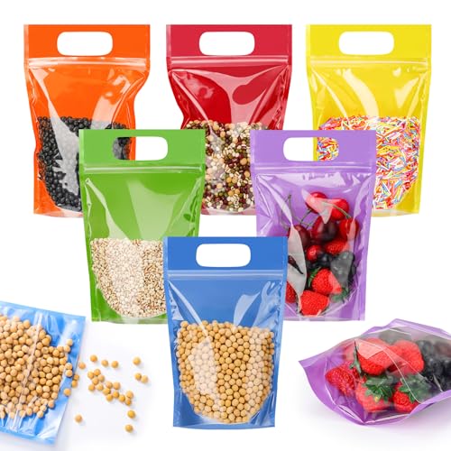 Sinload 60 Pcs Plastic Gift Bag Bulk 5.5 x 8.7 Inch Resealable Party Goodie Bag with Clear Window Color Favor Pouch with H...