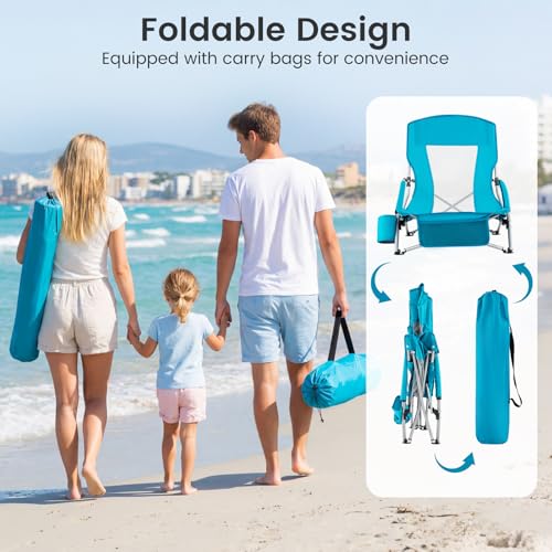 Giantex 2 Pack Folding Beach Chairs for Adults, Portable Lightweight Camping Chairs w/Padded Armrests, Cup Holders & Stora...