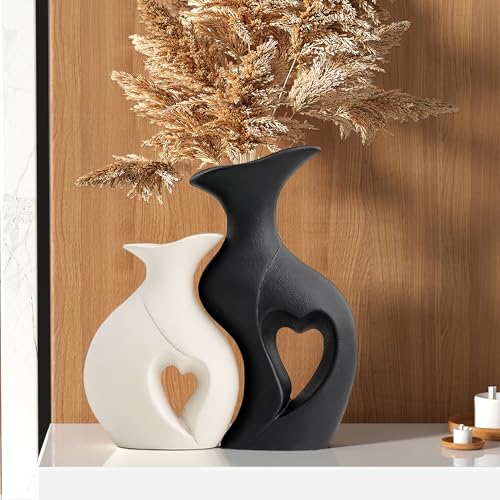 Black and White Vase Heart Shape Ceramic Vase Set of 2,Modern Boho Hollow Flower Vases,Nordic Aesthetic Decor,Decorative V...