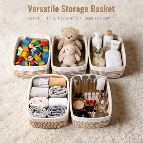 5 Pack Small Woven Storage Baskets for Shelves, Cotton Rope Baskets Organizer for Bathroom, Closet & Nursery, Decorative S...