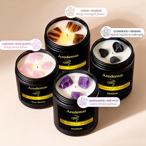 Aredenua Scented Candles Set, 4 Pack Crystal Healing Candles with Rose Quartz Amethyst Tiger Eye Obsidian, 7oz Natural Soy...