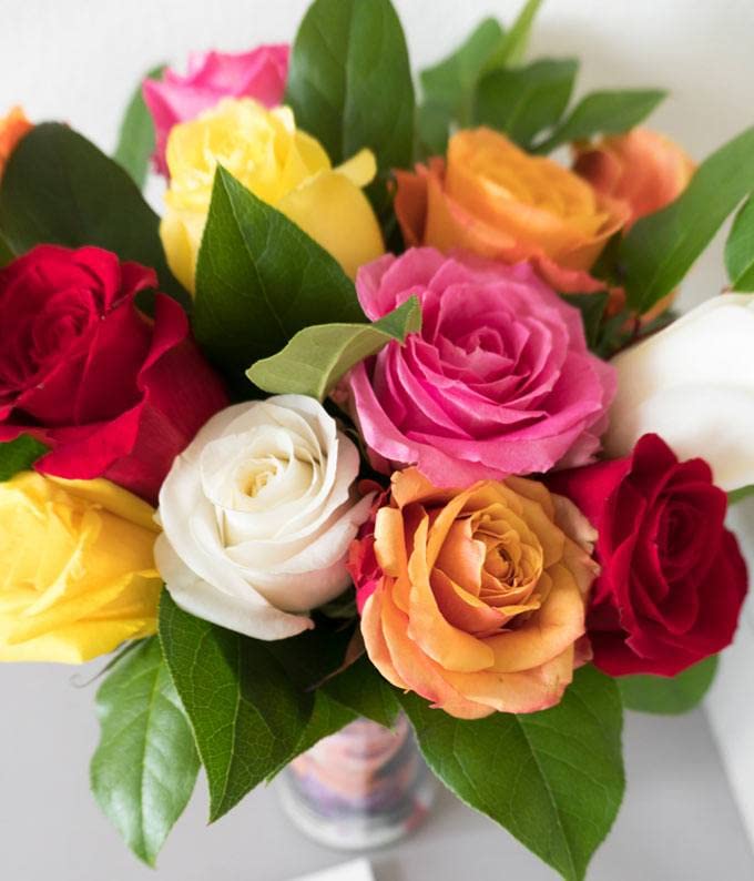 From You Flowers - One Dozen Rainbow Roses with Birthday Pick with Glass Vase