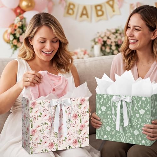 Silkfly 2 Pack Large Floral Gift Bags with Tissue Paper Ribbon Card & Envelope 13'' Flower Gift Bags for Woman Wedding Bri...