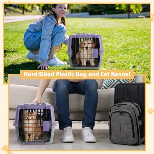 2 Set Travel Pet Carriers for Small Cat Dog Plastic Hard Shell Carrier Cat with Bowl Wire Door Grille Mat Portable Breatha...