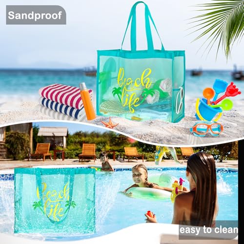 Scimdbg Large Beach Tote Bags With Funny Beach Phrases,Sandproof Foldable Mesh Bag For Poolside,Travel,Swimming | bright c...