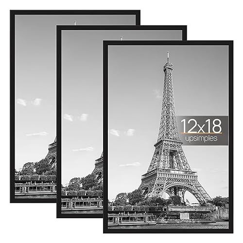 upsimples 12x18 Picture Frame Black 3 Pack, Scratch-Proof Poster Frames 12 x 18 for Photo Gallery - Slide-In Strips, Horiz...