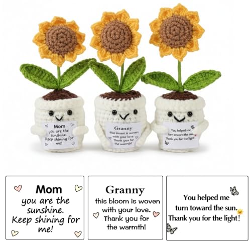 Positive Crochet Sunflower Gift Set of 3 with Message Cards – Emotional Support Handmade Flower, Thank You Appreciation Fa...