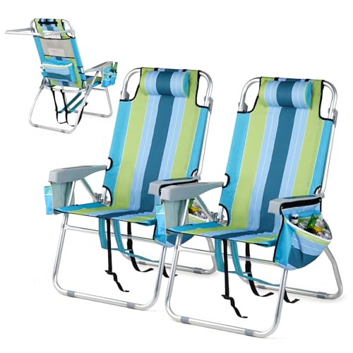 VINGLI Tall Beach Chair 2 Pack Lightweight, Backpack Beach Chair for Adults with 5-Position, Cooler Bag, Cup Holders, Towe...
