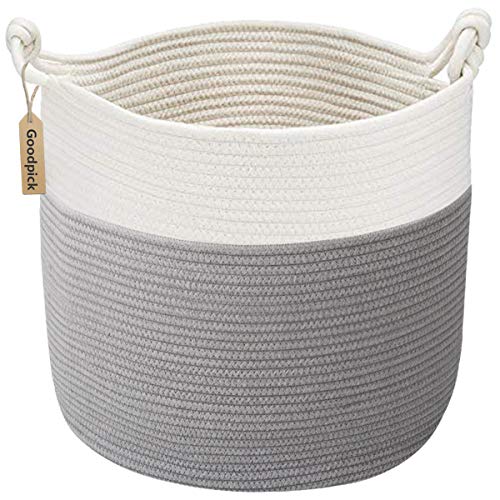 Goodpick Cotton Rope Storage Basket, 15 x 14.2 Inches Baby Laundry Baskets for Clothes, Toy Storage Blanket Basket With Ha...