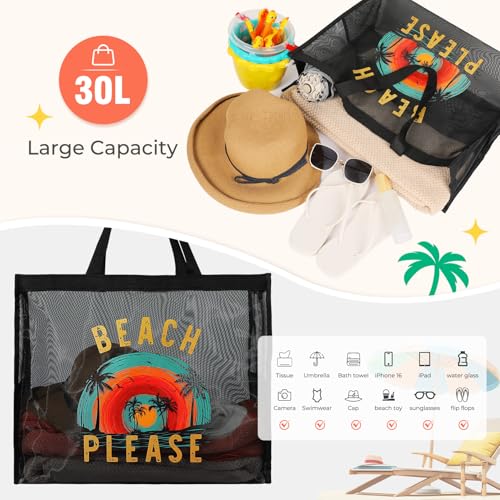 KUIRAN 30L Large Beach Bag with Pouch Foldable Sandproof Lightweight Mesh Tote Bag with Two Pockets for Swimming Travel