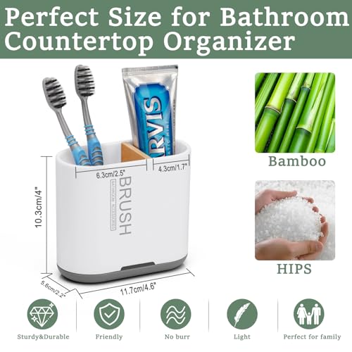 Toothbrush and Toothpaste Holder with Bamboo Divider for Bathroom Countertop Organizer, Detachable for Easy Clean, 2 Slots...