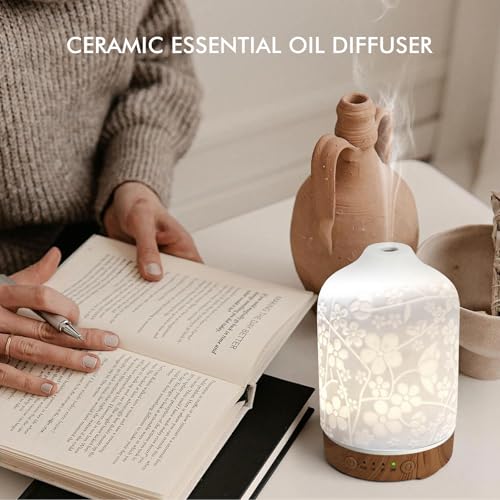 Essential Oil Diffuser Ceramic Diffuser -Aromatherapy Diffuser for Essential Oils with Timer and 7 Colors LED Light Ultras...