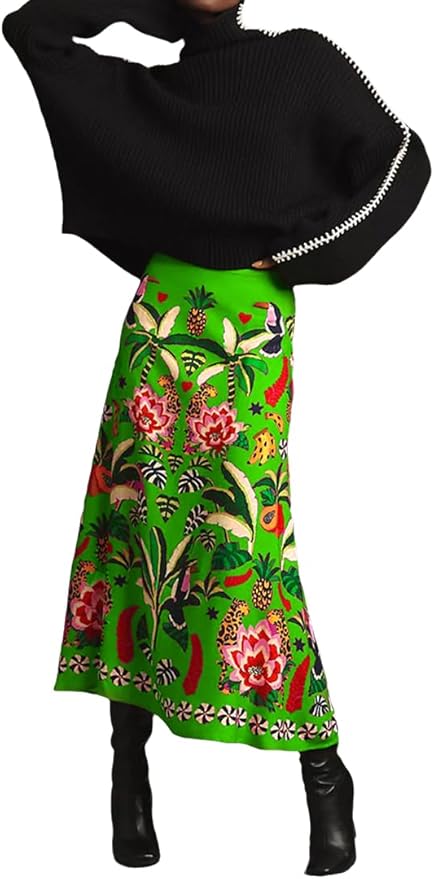 THLAI Womens Skirt Midi Skirt Tropical Plant Print Pink Zipper A-Line Long Skirts Spring Summer Skirt Floral
