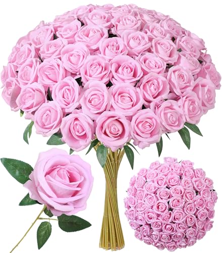 50 PCS Pink Roses Artificial Flowers, Real Looking Fake Roses with Long Stems Silk Flowers for DIY Wedding Bouquet Party C...