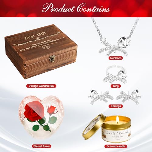 Preserved Roses with Necklace Set & Scented Candle, Mother's Day Gifts for Women Mom Romantic Eternal Flowers Rose Birthda...