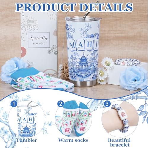 Koazava 4 Pcs Mahjong Gifts Set, Stainless Steel Tumbler Socks Bracelet Gift Box Set for Women Man, Mahjong Party Accessor...