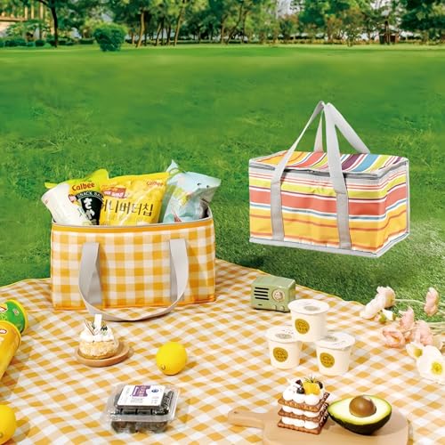 JSLYNB 2pcs Insulated Picnic Bag Reusable Cooler Bags with Zipper Top, Foldable Picnic Basket for Food Storage，Portable Pi...