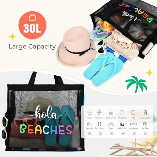 KUIRAN 30L Large Beach Bag with Pouch Foldable Sandproof Lightweight Mesh Tote Bag with Two Pockets for Swimming Travel